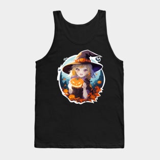 Halloween Enchantment: Young Witch with a Magical Pumpkin Tank Top